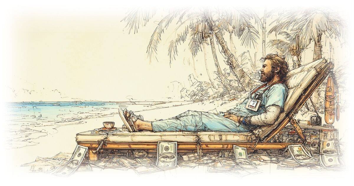 A dentist wearing scrubs and a lanyard name tag reclines on a lounge chair on a tropical beach surrounded by money laying on the sand and palm trees